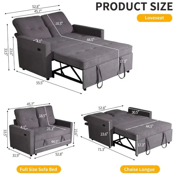 Canapé convertible, canapé-lit avec USB et dossier inclinable, canapé-lit moderne 3 en 1, personnali