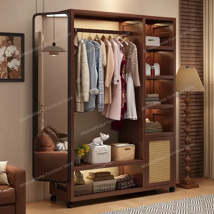 Armoire en bois massif amovible avec miroir, placard rotatif pour vêtements, meuble de chambre à cou