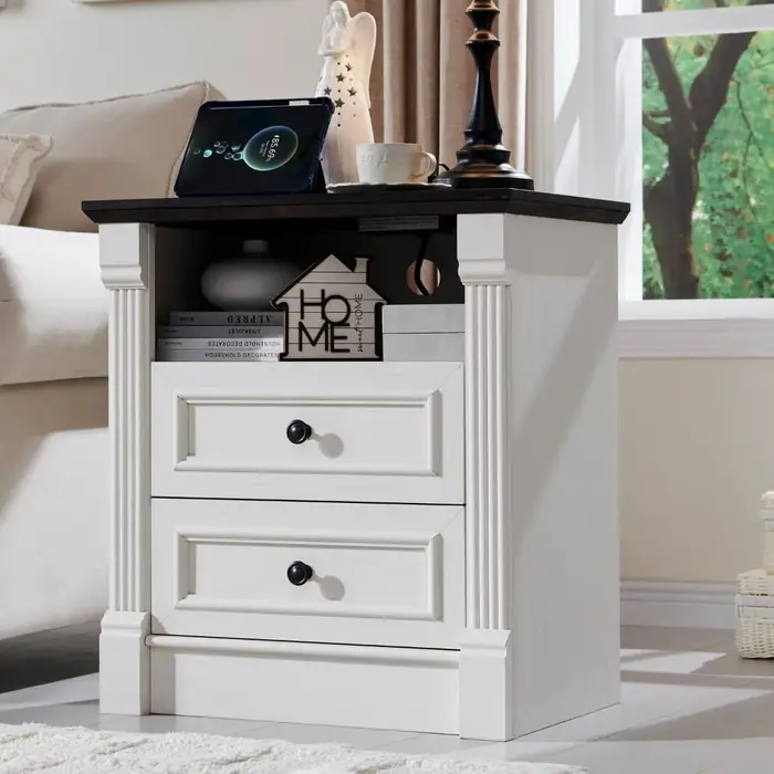 Commode à 2 tiroirs de 26 po de hauteur pour chambre à coucher, grande table de chevet de style farm