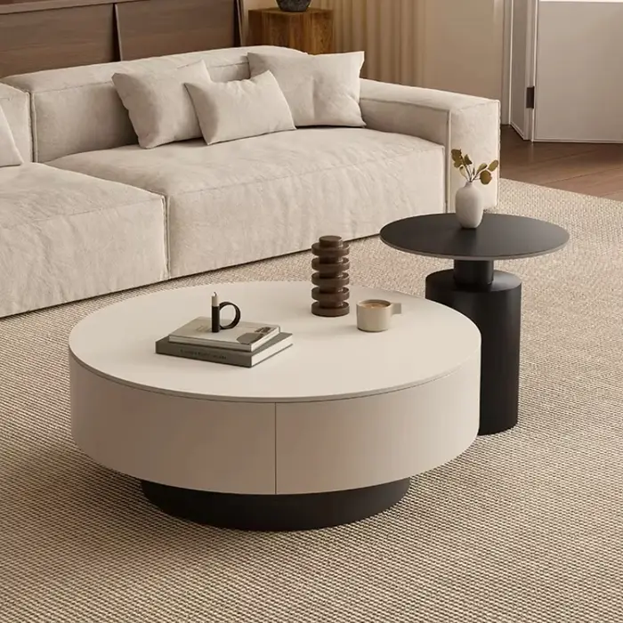 Table basse ronde moderne avec rangement dissimulé