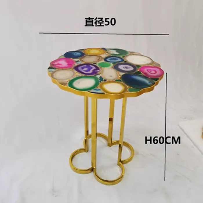 Table basse en forme de fleur en acier inoxydable, agate naturelle de luxe légère de style européen,