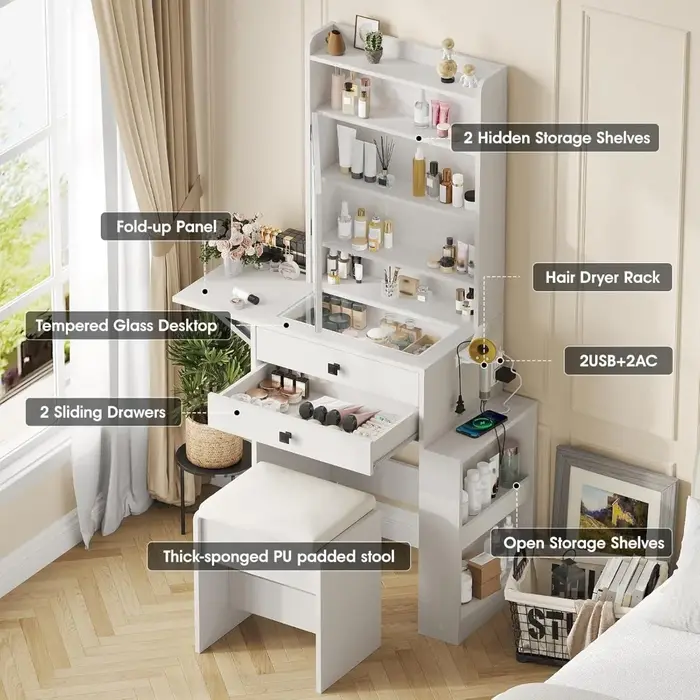 Petit bureau de maquillage avec miroir éclairé réglable à 3 niveaux, ensemble de coiffeuse blanc ave