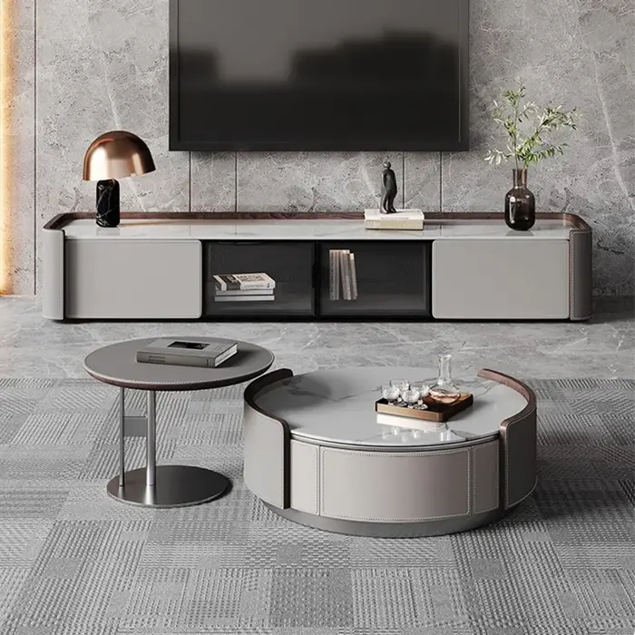 Ensemble de Table basse ronde moderne ZN 220, meuble TV minimaliste combiné avec fonction de rangeme