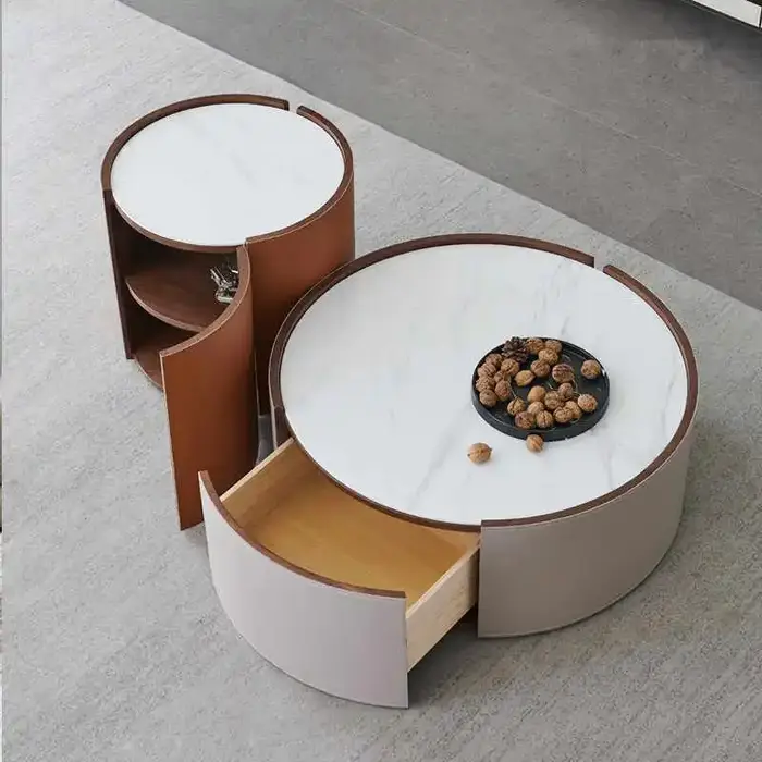 Ensemble de table basse ronde en cuir et pierre frittée