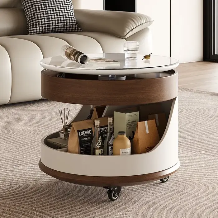Table basse ronde relevable en chêne de styliste moderne, avec rangement, meubles amovibles pour sal