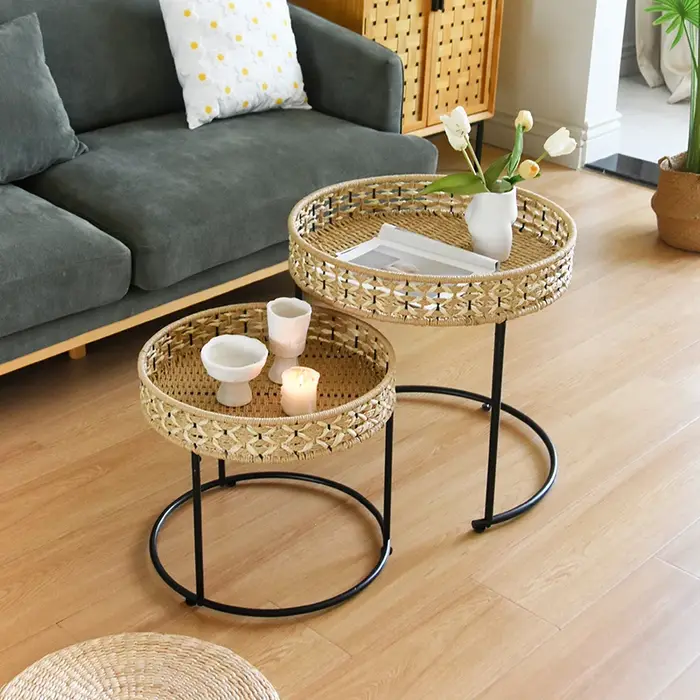 Table basse ronde en rotin de Style japonais