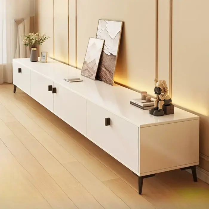 Meubles TV murales dissimulées, tables TV, meubles de divertissement sous les armoires TV blanches, design de luxe, meubles pour salons, mobilier de style Mid-Century