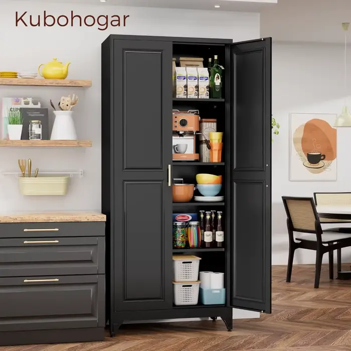 Armoire de garde-manger de cuisine de 75 pouces, armoires de rangement en métal noir avec 2 portes e