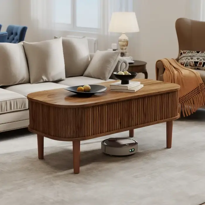 Table basse relevable cannelée avec rangement dissimulé, table basse ovale avec plateau relevable, d