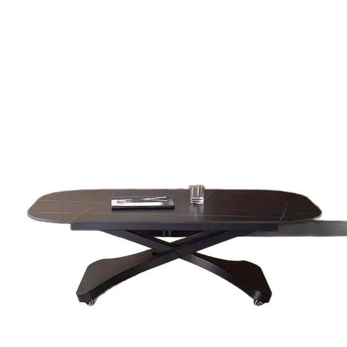 Table basse relevable et table à manger à double usage, multifonctionnelle, pour petit appartement, avec plateau en pierre intégré.