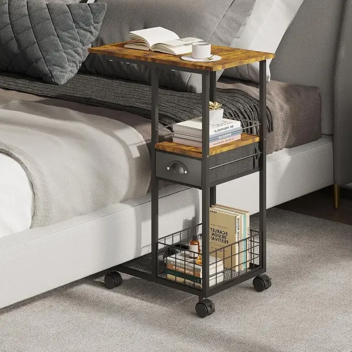 Table d'appoint moderne Vintage roulante, Table d'appoint compacte multifonctionnelle en forme de C 
