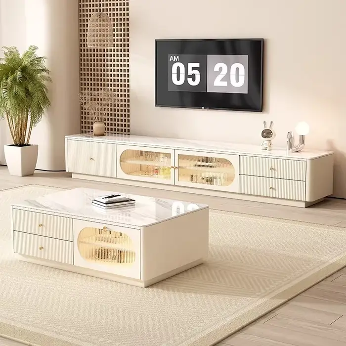 Meuble TV de sol artisanal de luxe avec étagère de rangement
