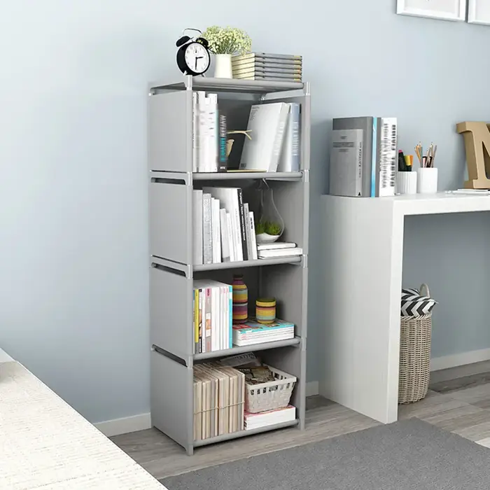 Présentoir de bibliothèque à 4 niveaux, support d'étagère de rangement de livres, étagère gris clair