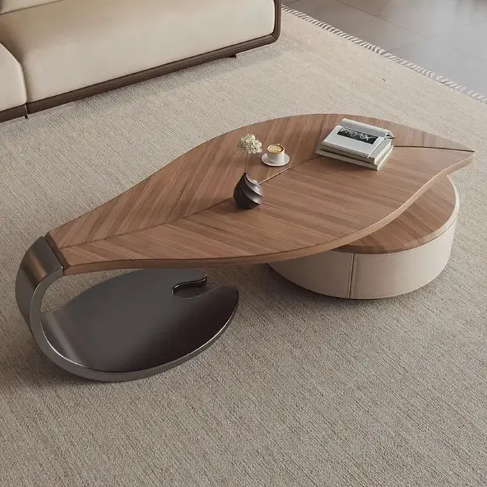 Table basse en bois massif de luxe moderne avec rangement, Style contemporain haut de gamme pour le 