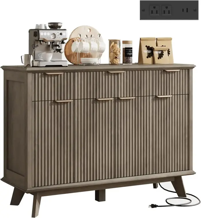 Buffet latéral cannelé QUW avec station de charge, armoire de rangement de cuisine de 47,2 pouces av