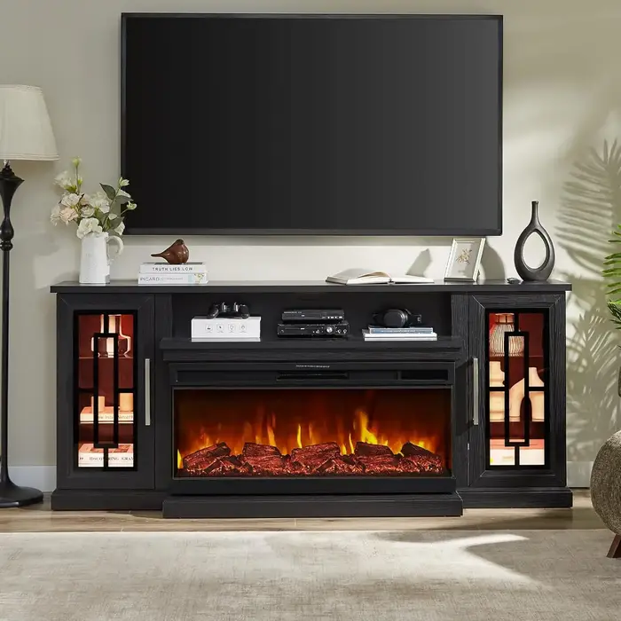 Meuble TV électrique LED 75 pouces avec foyer, console haute, verre 3 faces, flamme réglable, centre