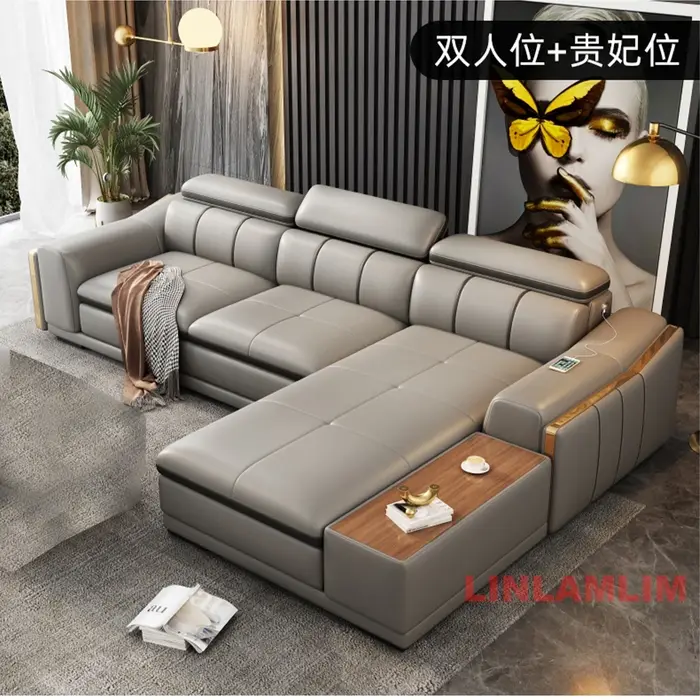 Canapé d'angle moderne en cuir véritable avec appuie-têtes inclinables, USB, haut-parleur, porte-gob