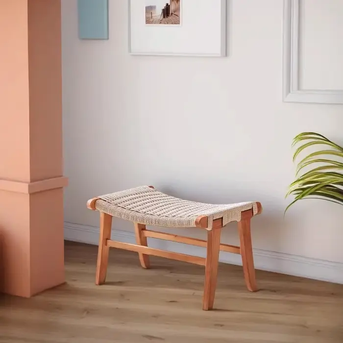 Tabouret bas tissé en bois massif fabriqué à la main