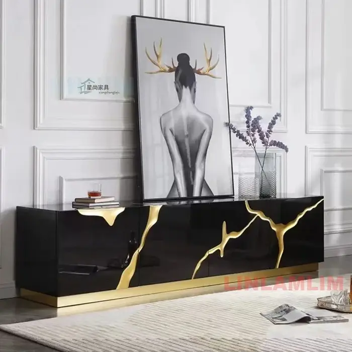 Meuble de rangement brillant pour salon ou salle à manger, buffet/stand TV de luxe noir/blanc avec a