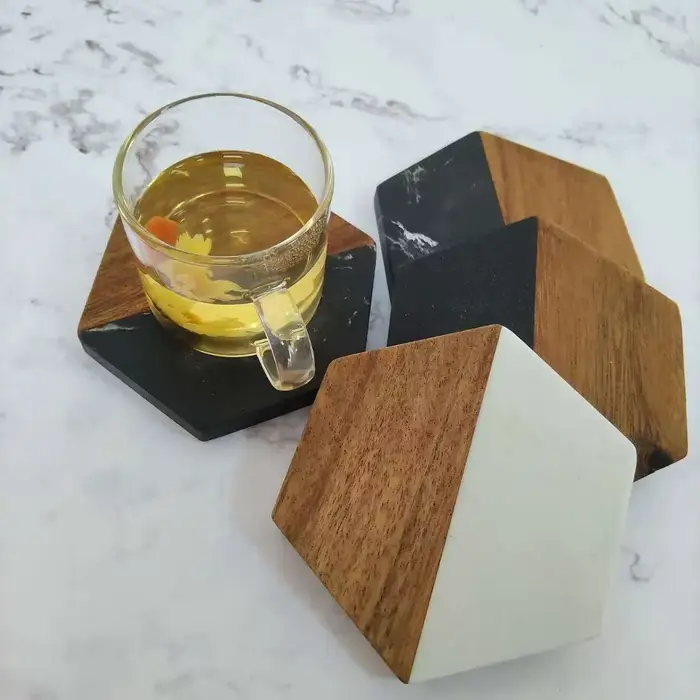 Tapis de tasse à thé Hexagonal en marbre et bois d'acacia
