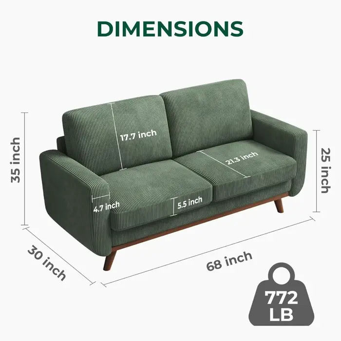Canapé causeuse Vesgantti 68 – Vert, velours côtelé confortable avec coussin à ressorts, cadre en bo