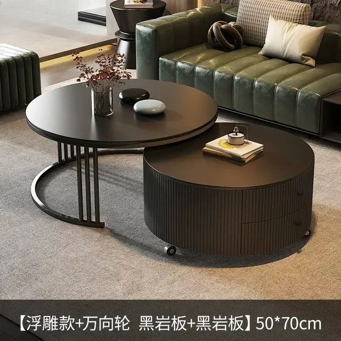 Nouvelle table basse ronde noire mobile de luxe léger et moderne 2026, table basse en dalle de roche