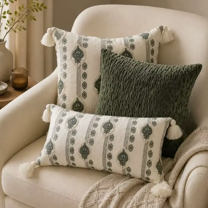 Housse de coussin bohème vert sauge et crème