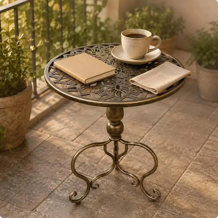 Table d'appoint ronde sculptée, petite table d'appoint ronde pour balcon, gain de place