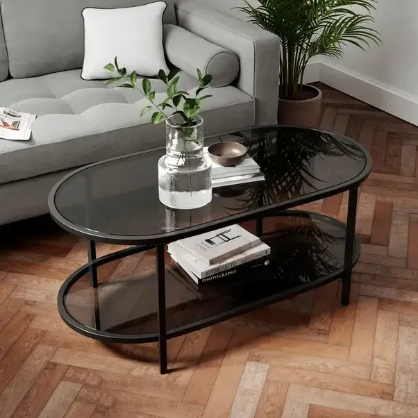 Table basse moderne à deux niveaux en verre avec pieds en métal noir - Meuble de salon pour café