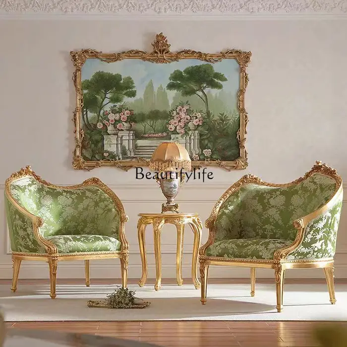 * Canapé français rétro en bois massif sculpté de fleurs, chaise de loisirs en tissu pour villa euro