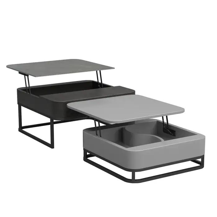 Table basse carrée moderne grise avec tiroir gigogne, rangement, bureau, salon