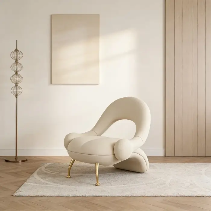 Fauteuil d'appoint moderne de luxe couleur crème avec design incurvé organique et pieds en métal dor