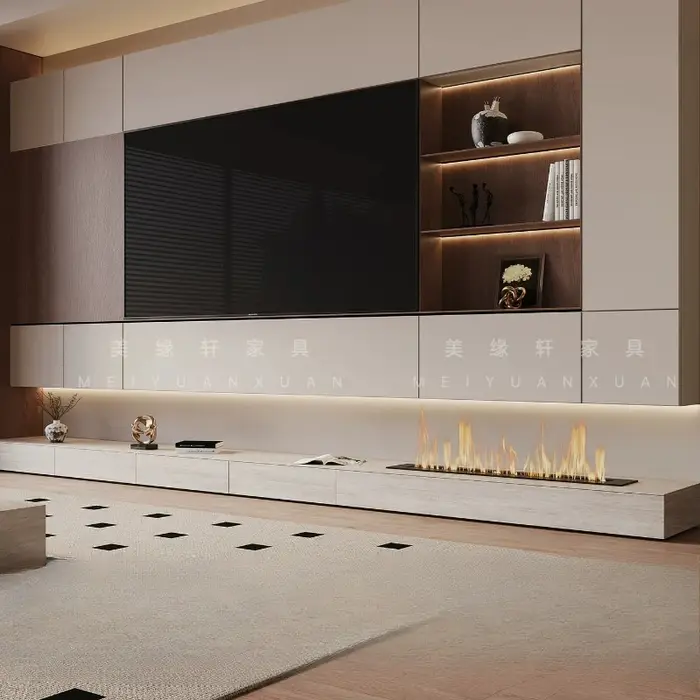 Meuble TV de luxe avec foyer intégré, console centrale, meuble TV de coin cannelé, mobilier de maiso
