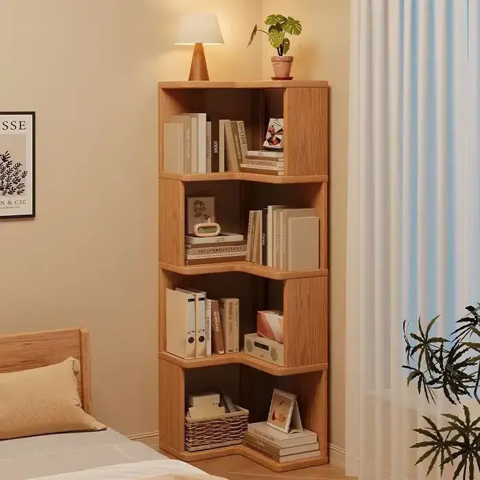 Étagère d'angle en bois massif pour salon