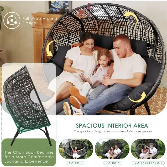 Pour chaise à œufs Double, stationnaire d'intérieur et d'extérieur, coussins rembourrés épais surdimensionnés, causeuse à œufs pour 2 personnes, pour Patio et balcon