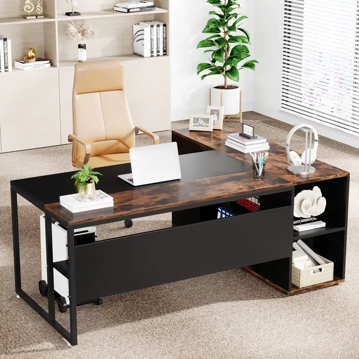 Tribesigns-Bureau de direction avec étagères, bureau en forme de L, rangement pour armoire, 71 po
