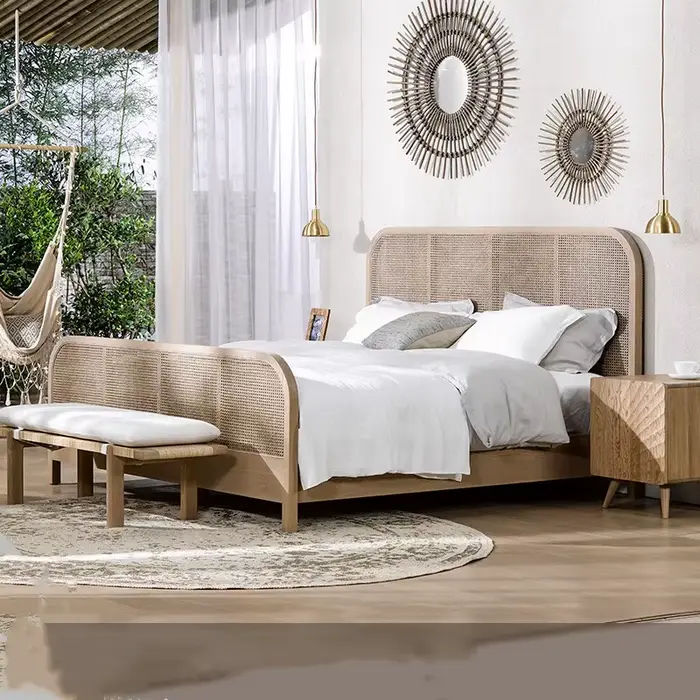 Cadre de lit minimaliste classique en chêne et rotin, mobilier de chambre surdimensionné pour suites