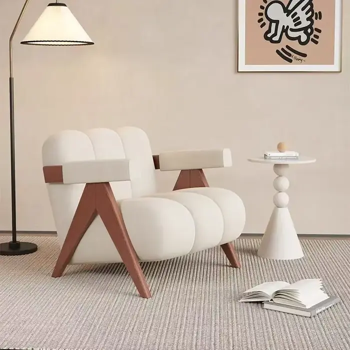Canapé simple moderne et décontracté, chaise en bois massif crème avec coussin en cuir, siège décont