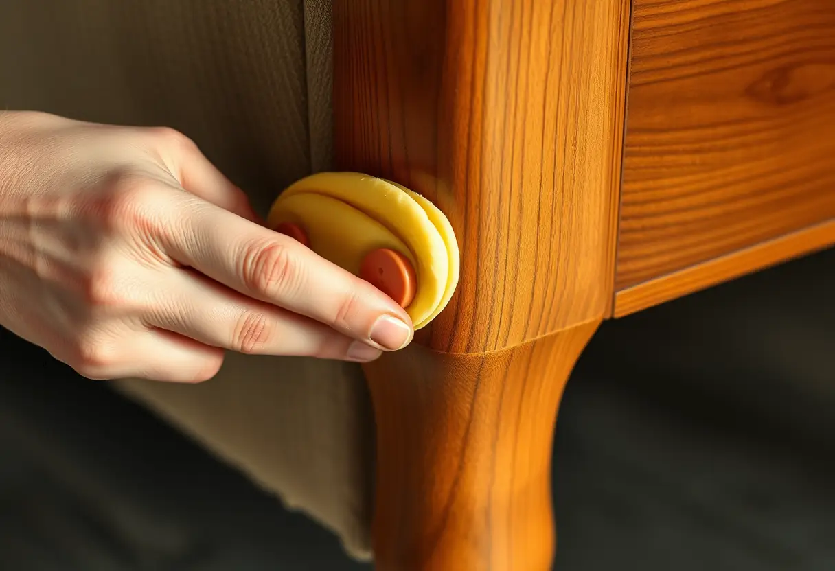 Main polissant une jambe de canapé en bois