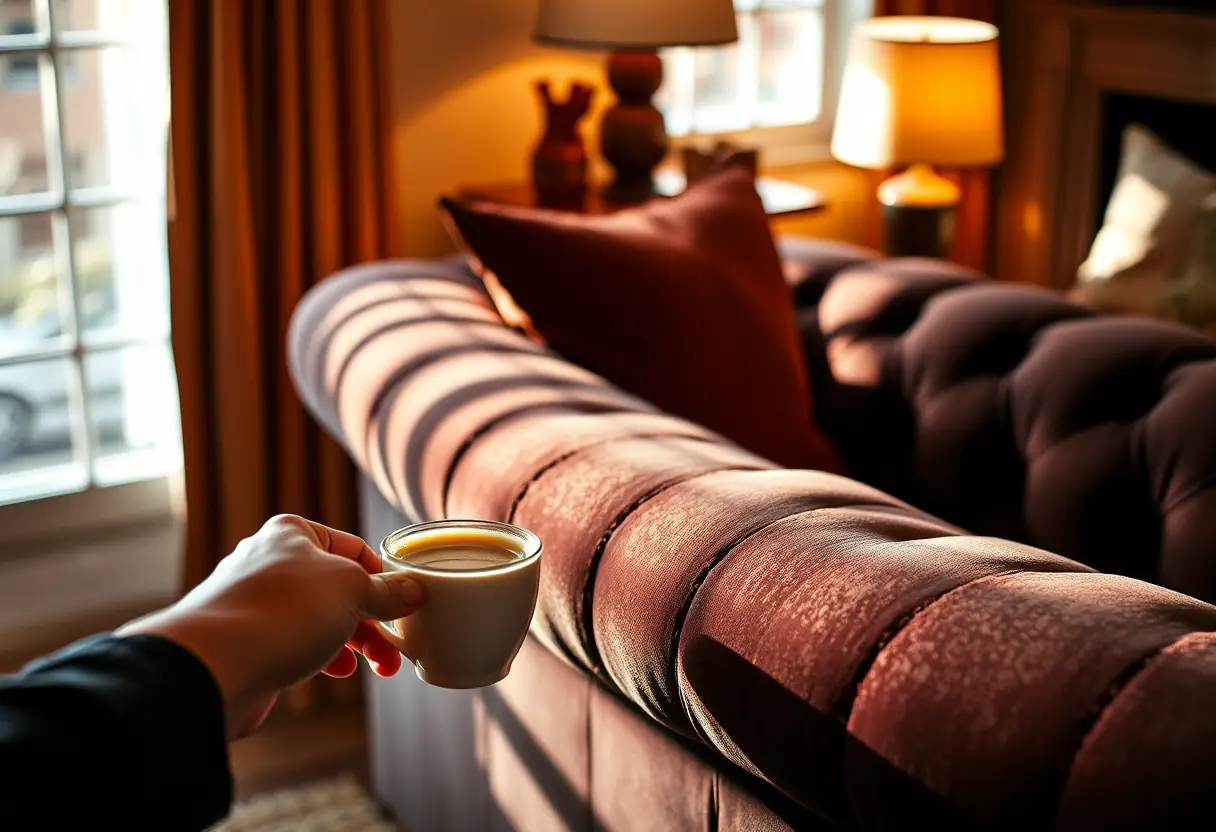 Une main tendue vers une tasse de thé près d'un canapé arrondi en velours dans un salon