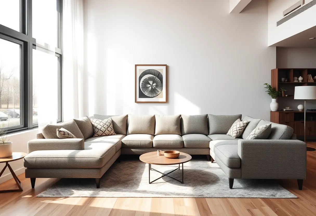 Vue large d'un salon avec un canapé assise profonde baigné de lumière naturelle