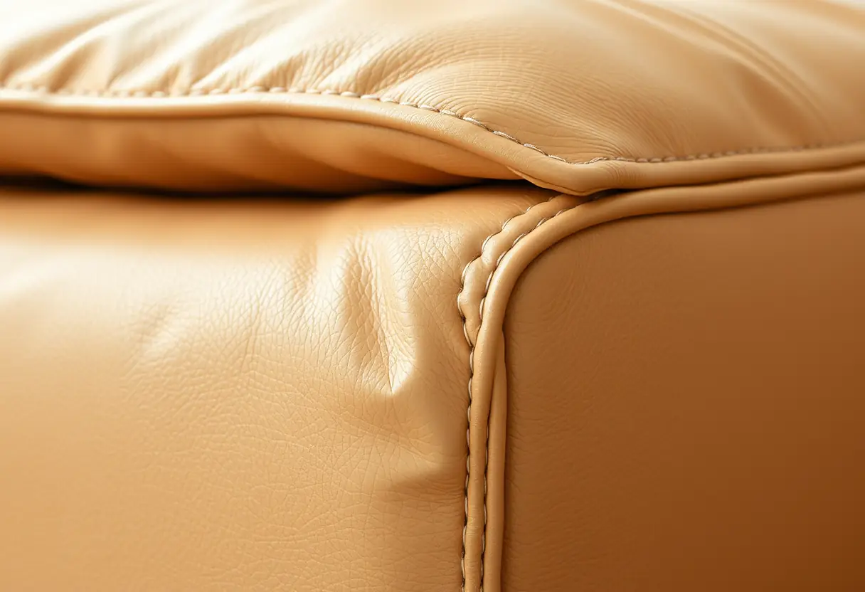 Vue rapprochée du broderie d'un canapé beige en cuir, mettant en valeur la qualité des matériaux