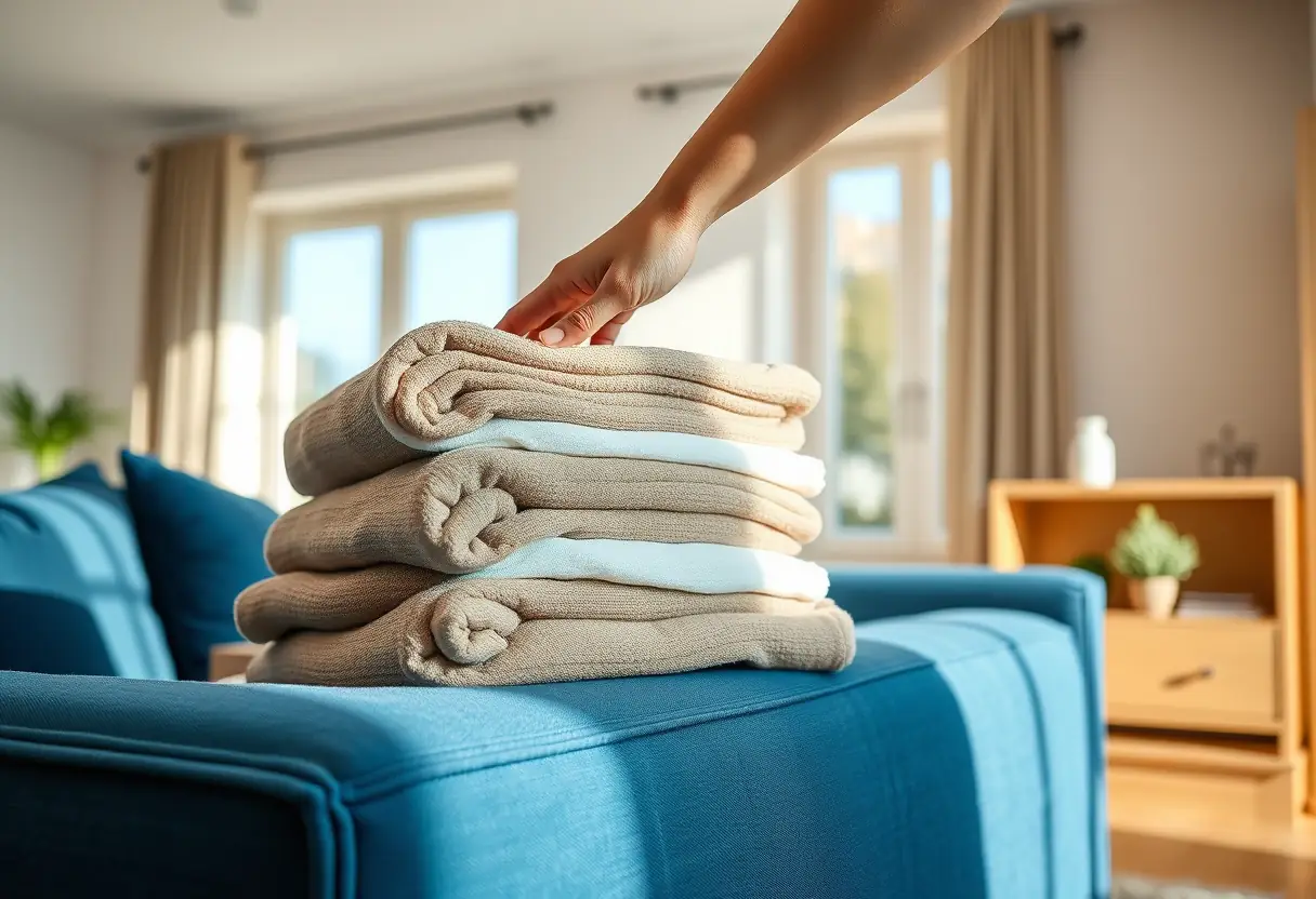 Main de linge atteignant des couvertures sur un canapé bleu