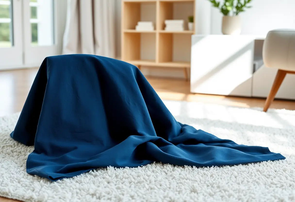 Tissu bleu foncé plié soigneusement sur un tapis blanc