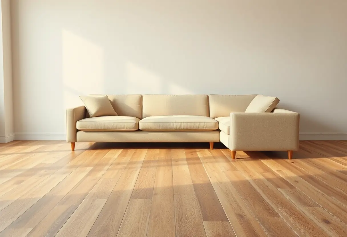 Un canapé d'angle beige dans une pièce spacieuse avec un sol en bois