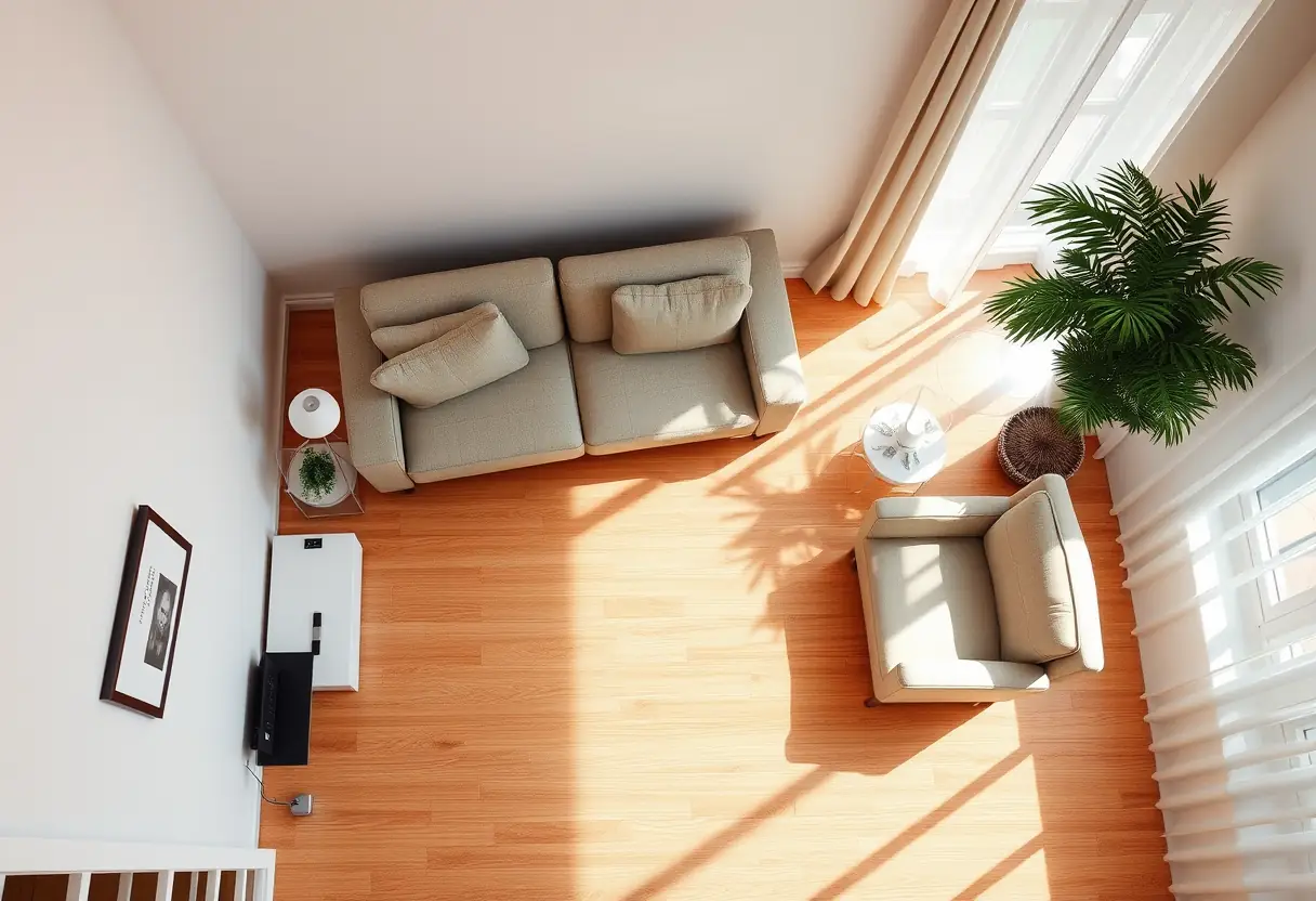 Vue d'ensemble d'un salon avec un canapé d'angle bien placé