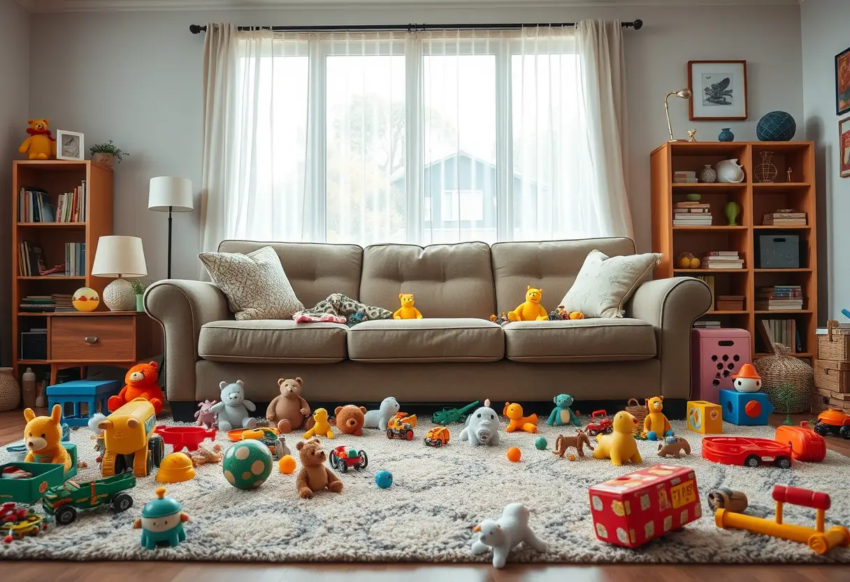 Un salon avec des jouets éparpillés autour d'un canapé résistant et confortable