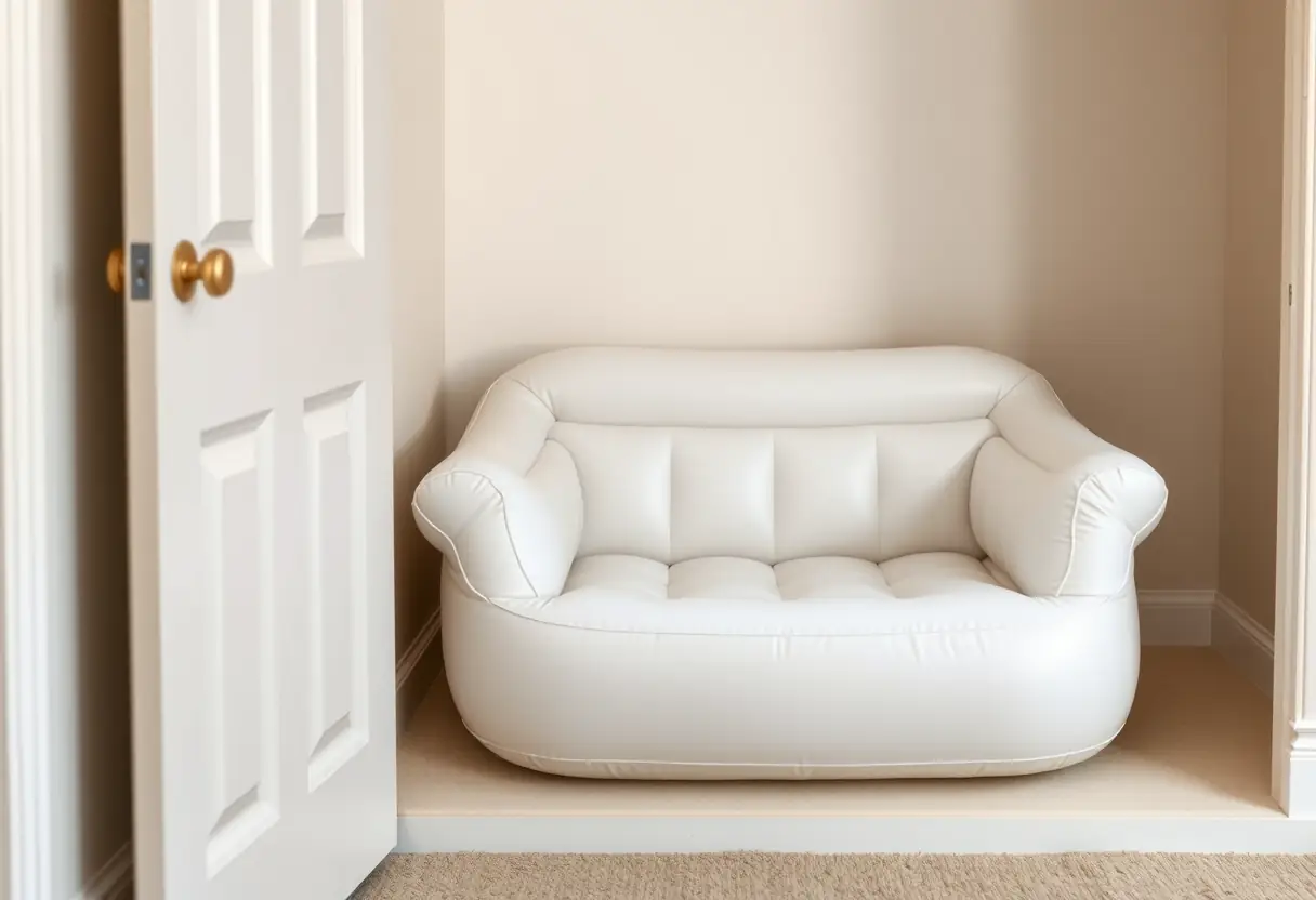 Un canapé gonflable plié dans un placard blanc