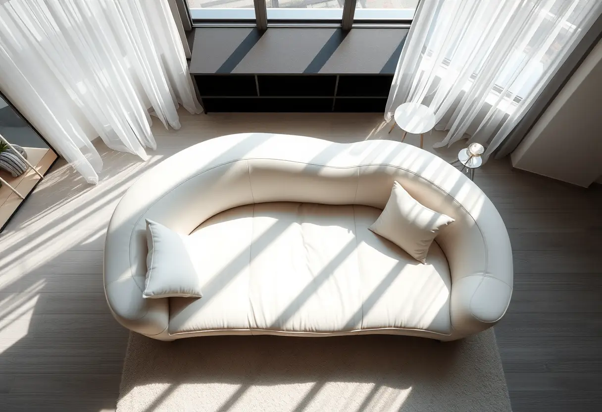 Vue aérienne d'un canapé nuage dans une chambre moderne baignée de lumière naturelle