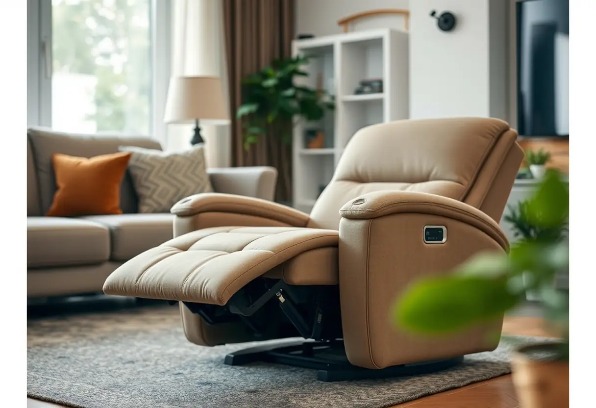 Canapé relax électrique dans un salon chaleureux, partie semi-reposé révélant les mécanismes internes